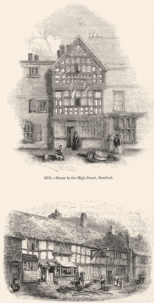 WARCS. House, High St, Stratford; in Henley 1845 old antique print picture